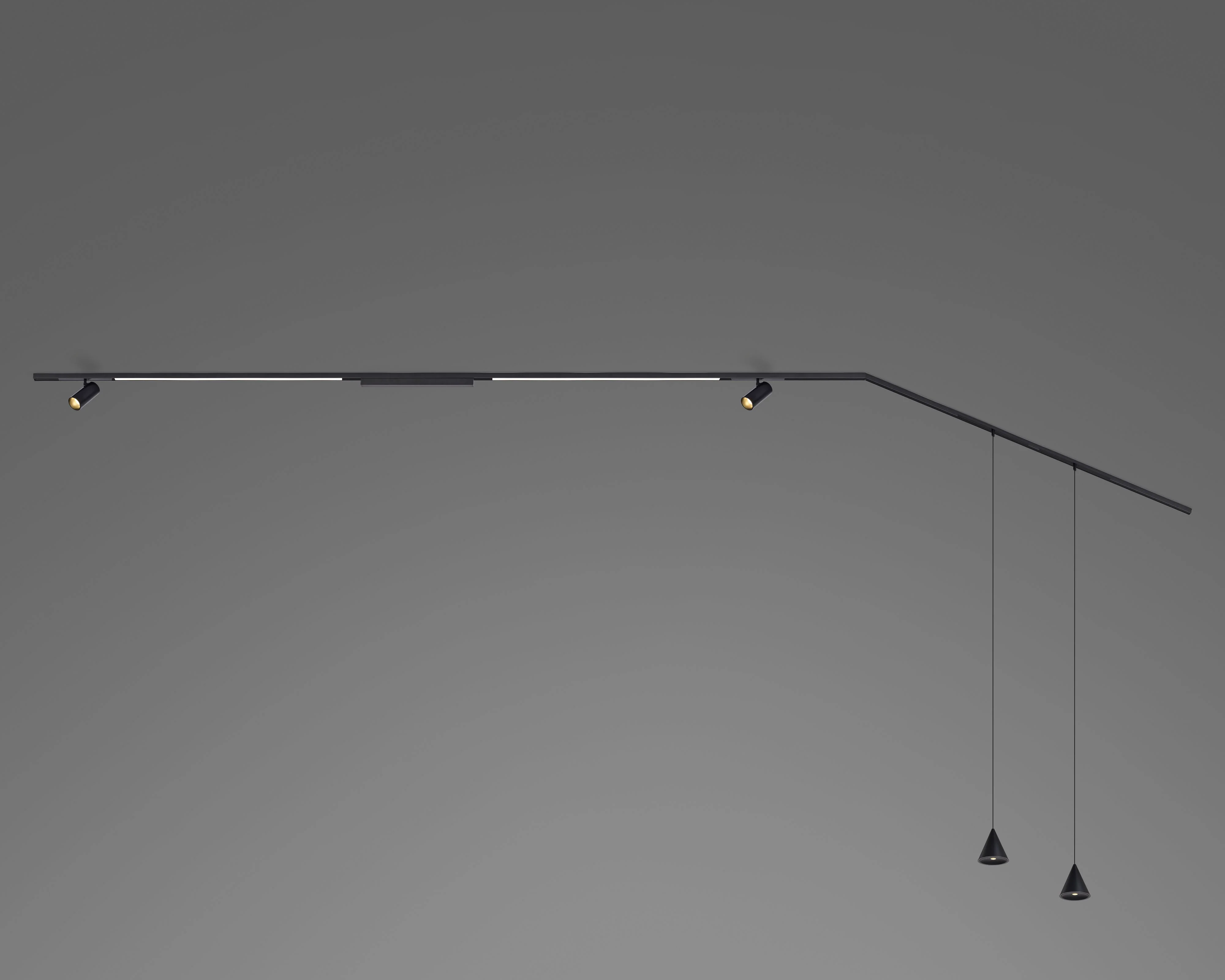 Pacchetto Karma binario magnetico 2 + 1 metro e giunto angolare. Sorgenti luminose: 2 Faretti Large 7W + 2 Strip led 60cm + 2 Coni sospensione